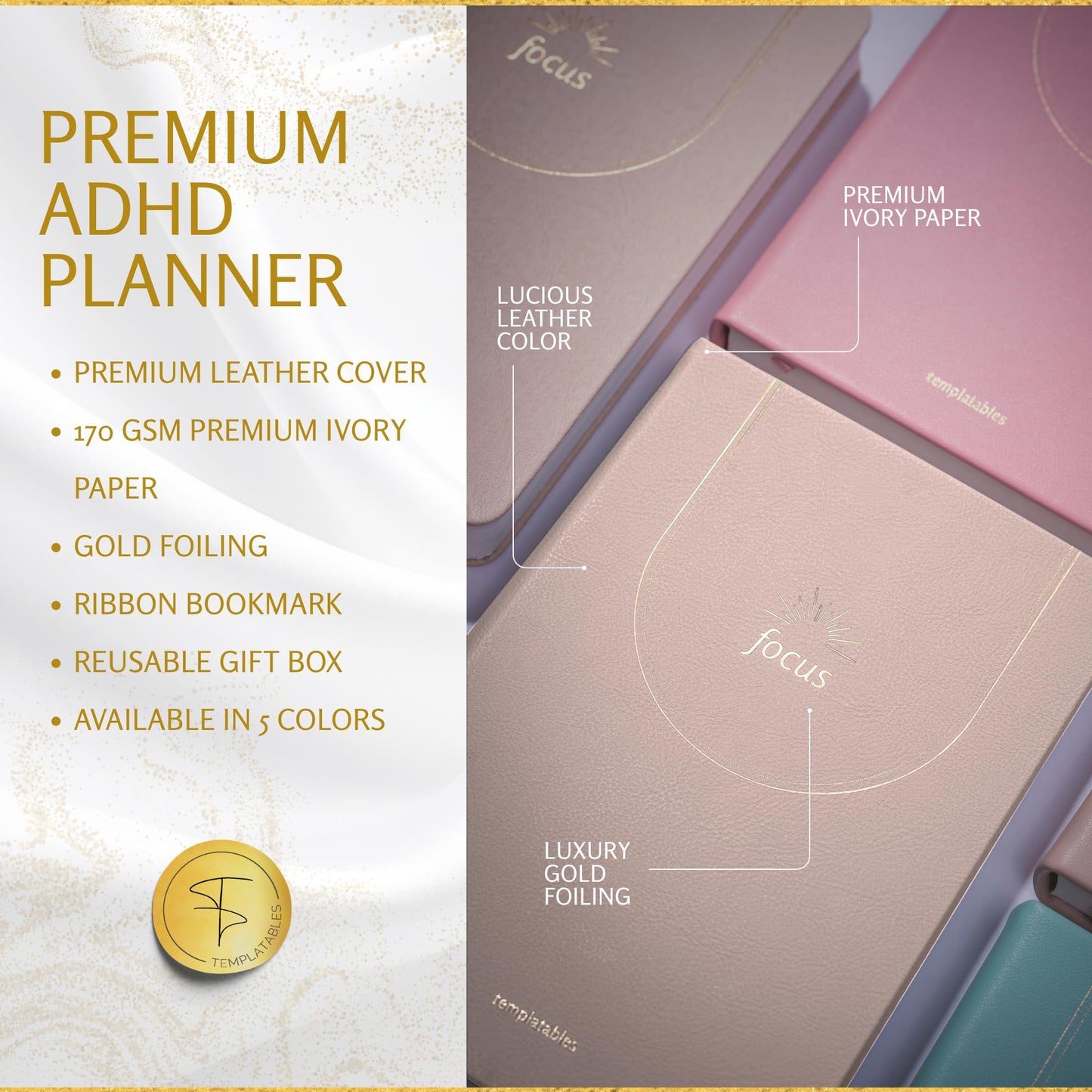 ADHD Daily Planner for Neurodivergent Adults – Premium Leather Productivity & Task Management Planner with Guided Focus Pages, 170gsm Paper, Gold Foiling & Gift Box – Undated Organizer | A5 (Nude)
