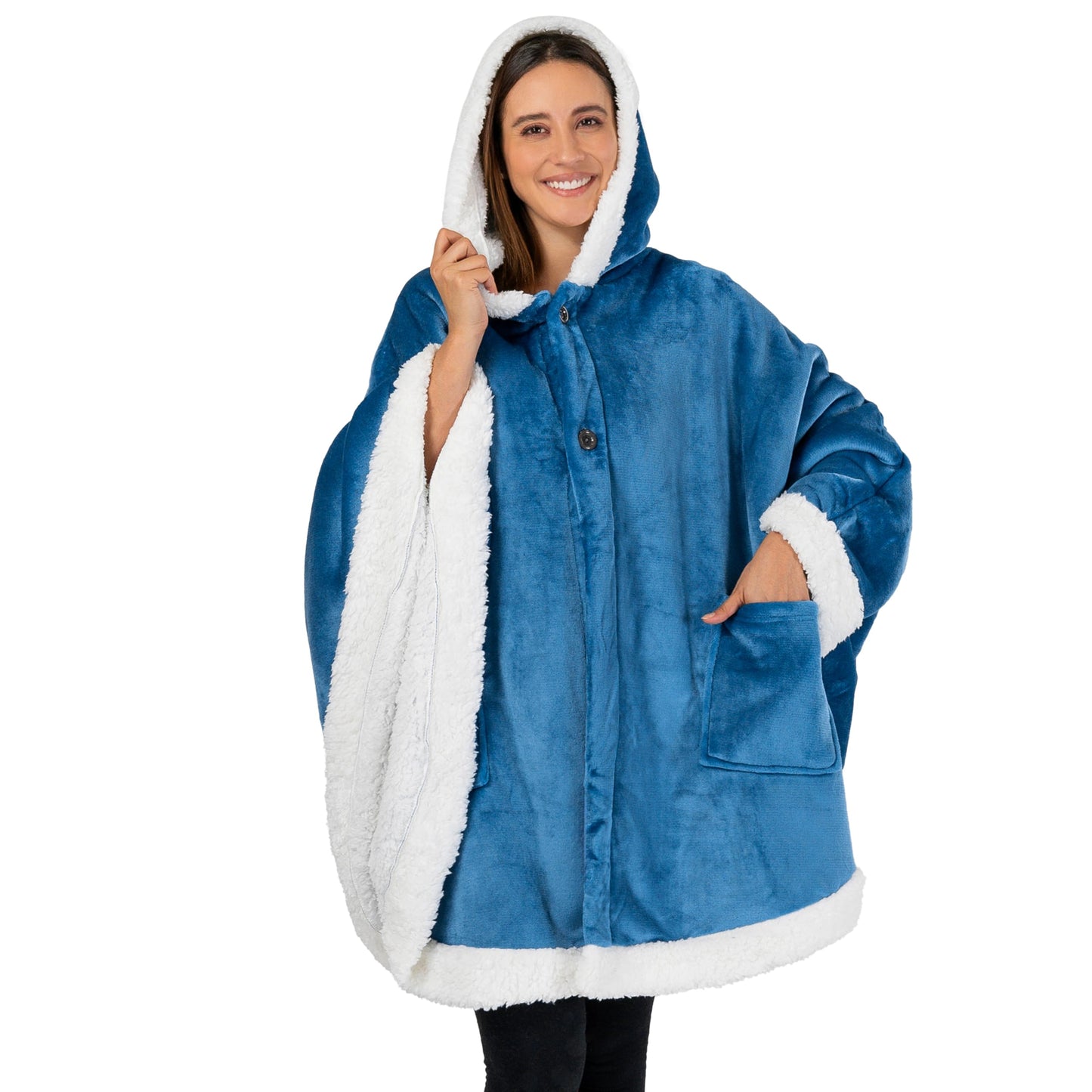 PAVILIA Hooded Blanket Poncho, Women Sherpa Fleece Shawl Wrap with Hood, Wearable Blanket Cozy Warm Poncho Cape Throw with Pockets, Gift for Elderly Mom, Turquoise Sea Blue
