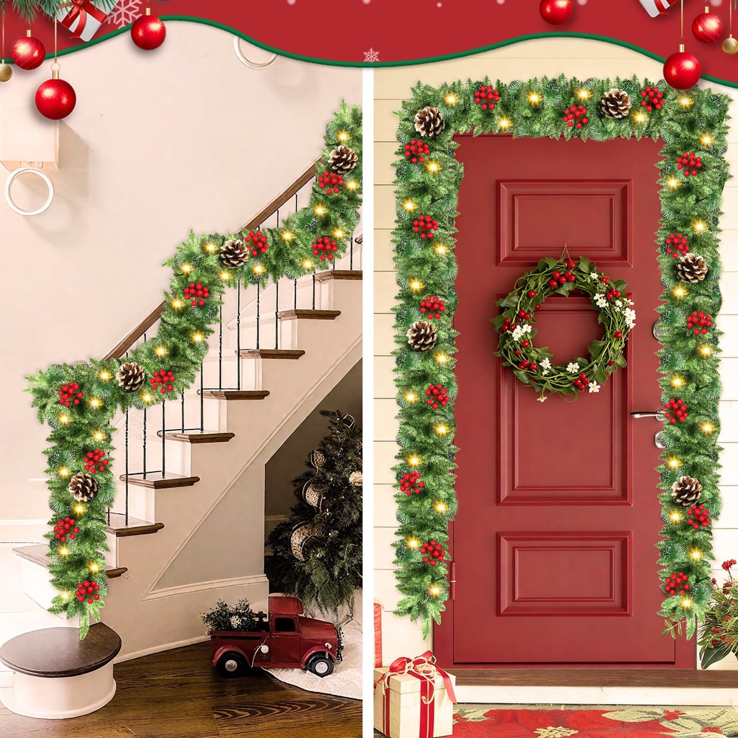 Christmas Garland, JTSIOV 9ft Artificial Christmas Tree Garland with 9ft Lights, Pine Cones, Red Berries, Branch Tips, Waterproof Christmas Decoration for Stairs, Fireplace, Door, Xmas Trees, Garden