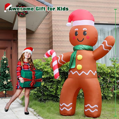 FunFanso 6 FT Christmas Inflatable Gingerbread Man with Candy Cane, Blow Up Cute Decoration with Build-in LEDs, Inflatable Outdoor Decorations for Holiday Lawn Garden Patio Home Porch Xmas Party Eve