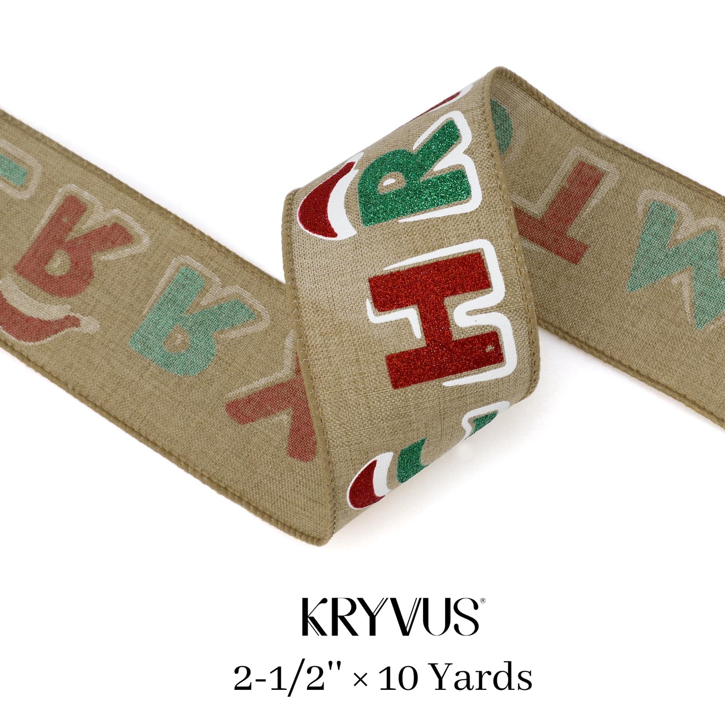 Kryvus Christmas Wired Ribbon, 2.5 Inch x 10 Yards Merry Christmas Ribbon for Wreaths, Tree Decorations, Gift Wrapping and Holiday Crafts, Natural Linen Ribbons with Wired Edge