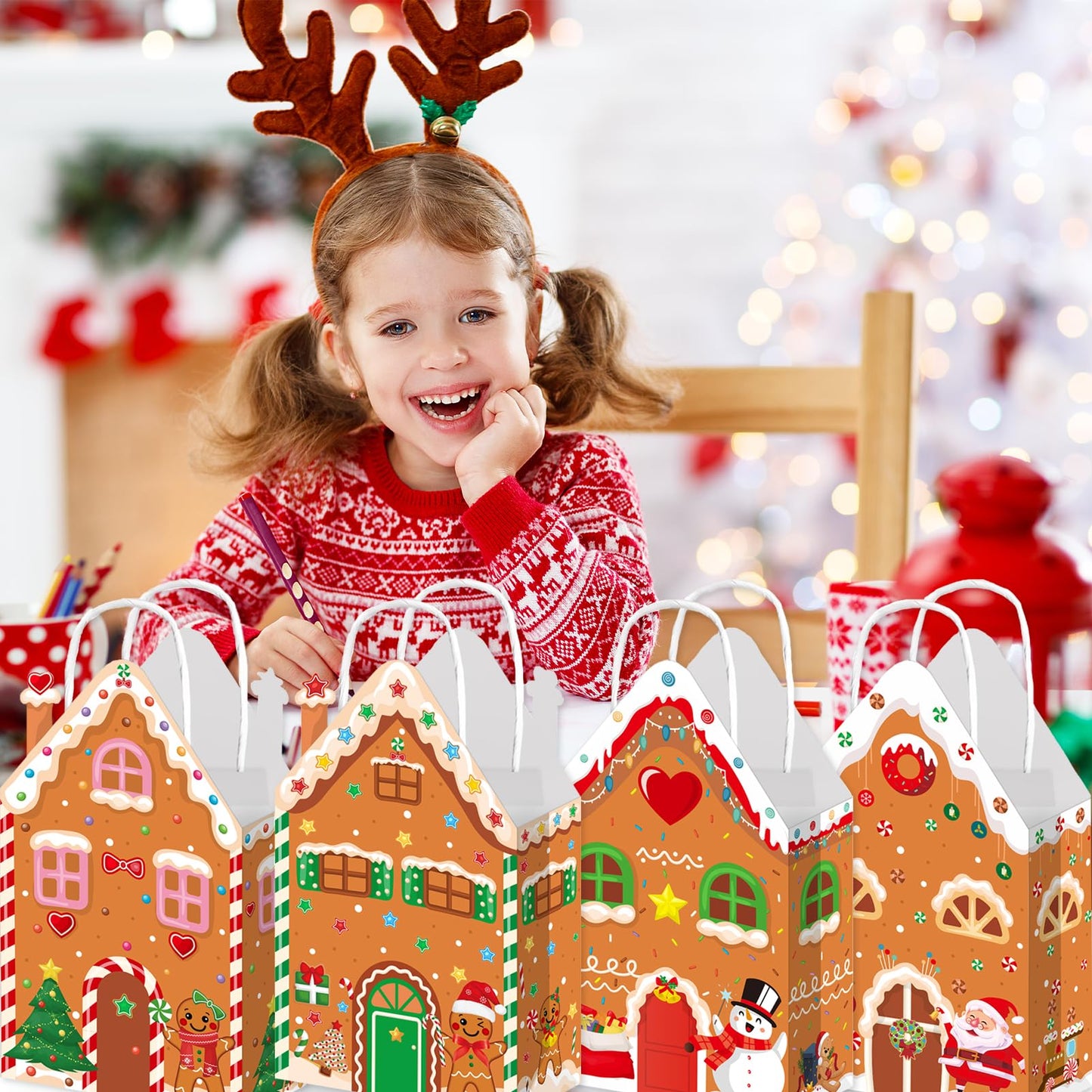 Qpout 12Pcs Christmas Party Favors Bags, Gingerbread House Shaped Gift Bags with Handles Paper Snack Goodie Candy Treat Bags for Winter Xmas Holiday Gift Wrapping Baby Shower