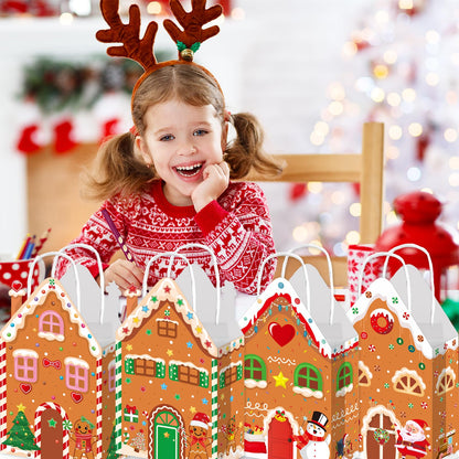 Qpout 12Pcs Christmas Party Favors Bags, Gingerbread House Shaped Gift Bags with Handles Paper Snack Goodie Candy Treat Bags for Winter Xmas Holiday Gift Wrapping Baby Shower