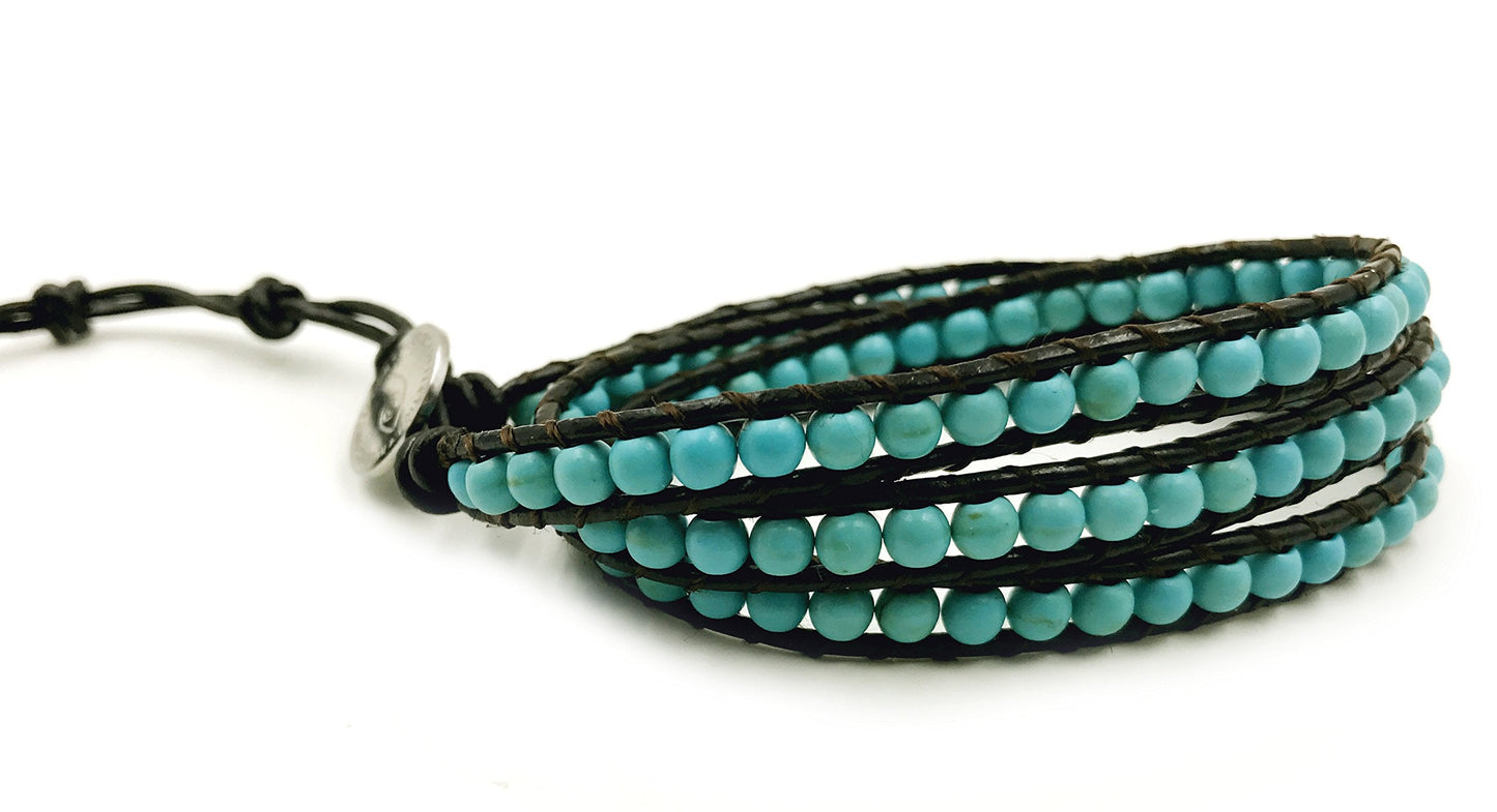 BLUEYES COLLECTION 3 Wrap Leather Bracelet -Open Minded- Charming Turquoise Gemstone 4mm Bead
