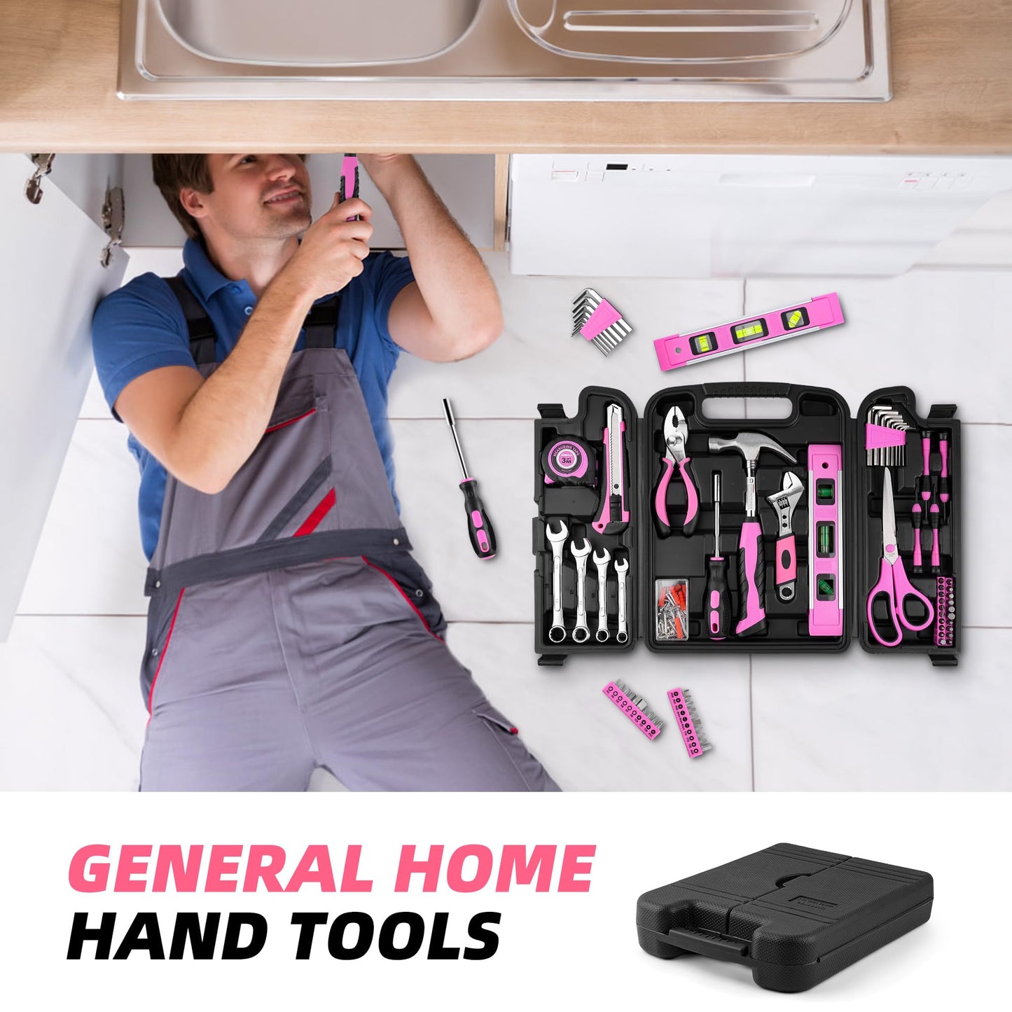 URASISTO 125 PCS Pink Household Tool Set, Pink Ladies Basic House DIY Toolkit Set for Home Garage Office College Dormitory Use, Hand Tool Kits for Women