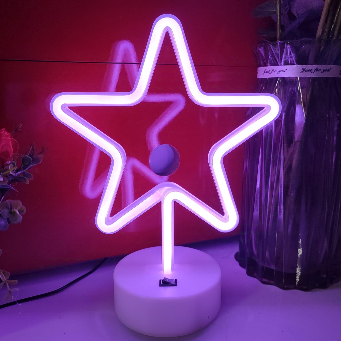 JYWJ Star Neon Signs with Holder Base,USB or 3-AA Battery Powered Neon Light,LED Desktop Wall Decoration,Various Parties,Decoration of Business Premises(Purple)