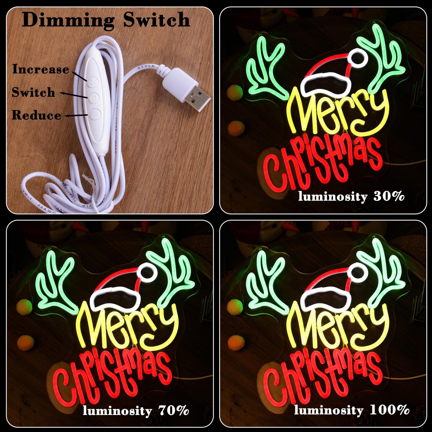 Merry Christmas Neon Sign with Deer Antlers and Santa Hat, Cute Happy New Year Decor for Home, Holiday Party Decorations, Xmas Lights for Wall Window Bar