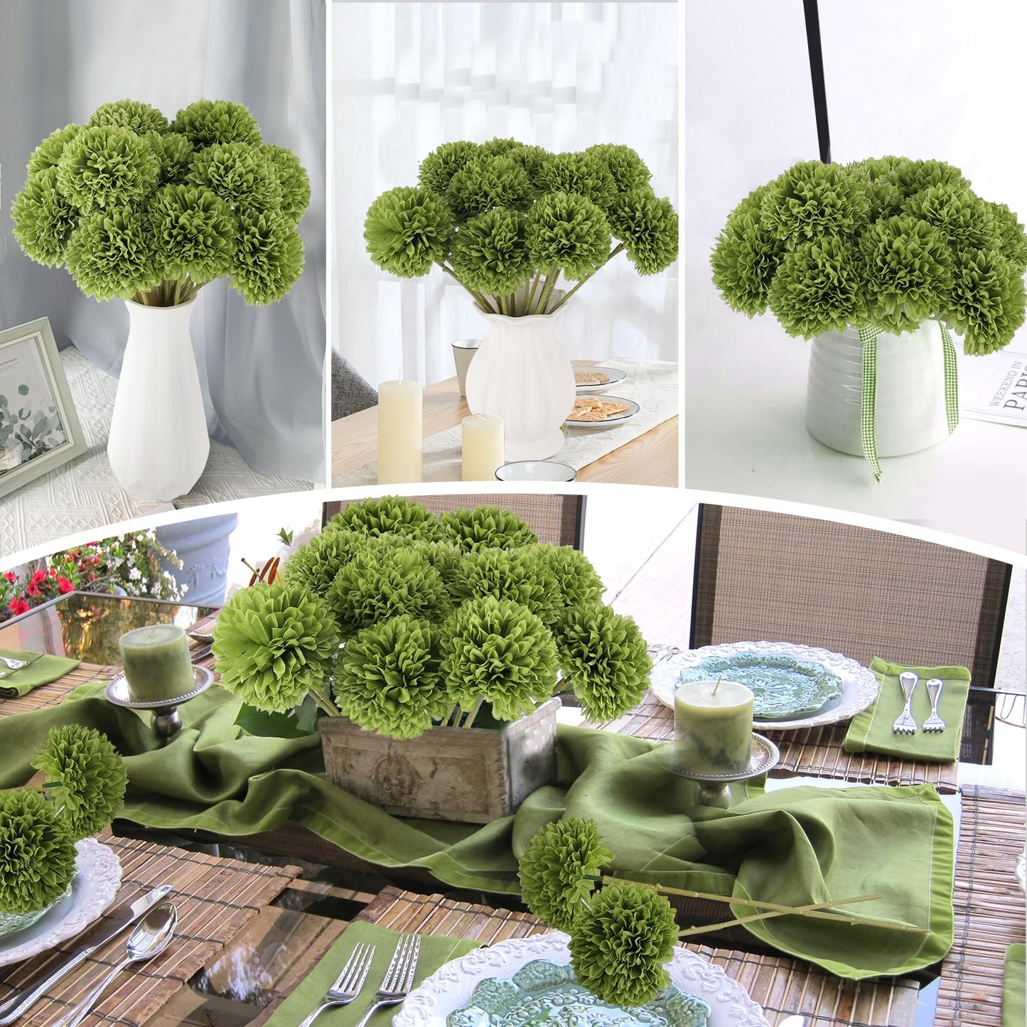 Rowfad 12 Pcs Artificial Chrysanthemums Flowers Green Flowers Silk Fake Mums Flowers for St Patricks Day Outdoor Wedding Table Centerpiece Home Decor (12, Green)