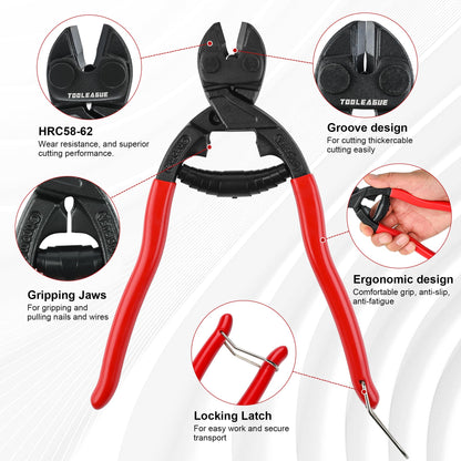 TOOLEAGUE 8-inch Mini Bolt Cutter with Recess and Spring,CR-V Blade, Security Lock,Compact Bolt Cutters with Comfortable Grip,Easily Cut Locks, Barbed Wire, Thick Wire,Rods, Chain