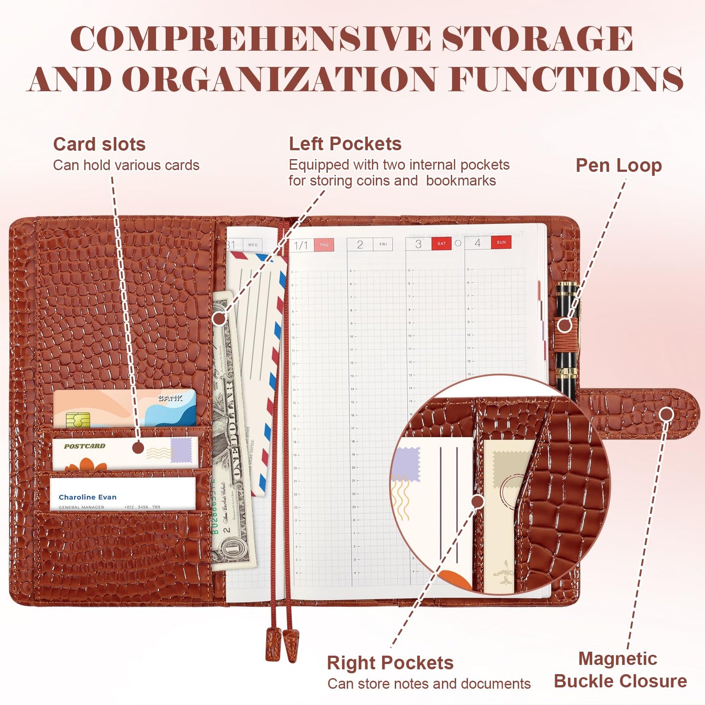 SKLENICE PU Leather Cover for A5 Notebooks Brown Planner Cover Compatible with Hobonichi Cousin Stalogy and MD A5 Journal Cover with Pen Loop Pockets for Refillable Notebook Planner