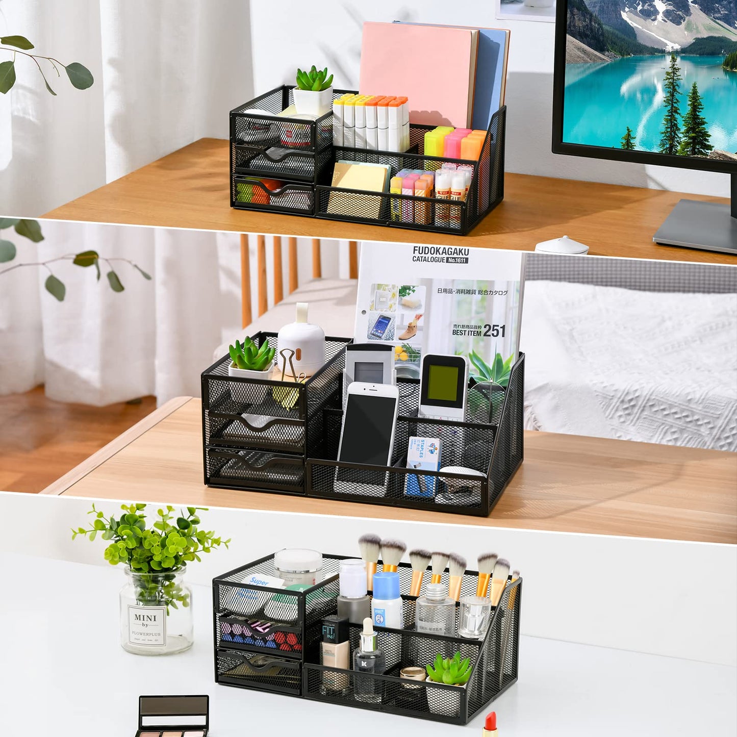 Lavatino Larger Mesh Desk Organizer with Drawers, Multifunctional Desk Organizers and Accessories with 6 compartments + 2 Drawer, Office Desktop Organization for supplies (Black)