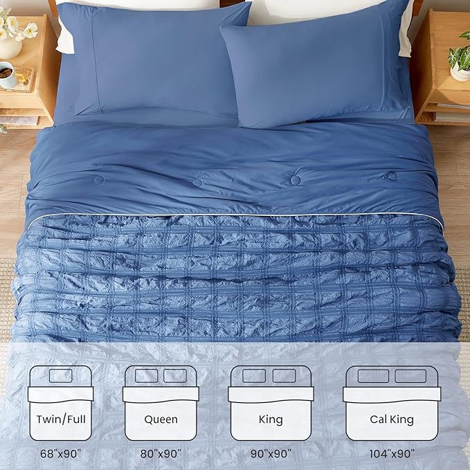 Cozy Bliss Cooling Comforter Seersucker Plaid King, Q-Max 0.4 Reversible Lightweight Cooling Blanket, Breathable Silk Smooth Summer Bedding Quilt for Hot Sleepers Night Sweats Denim Blue