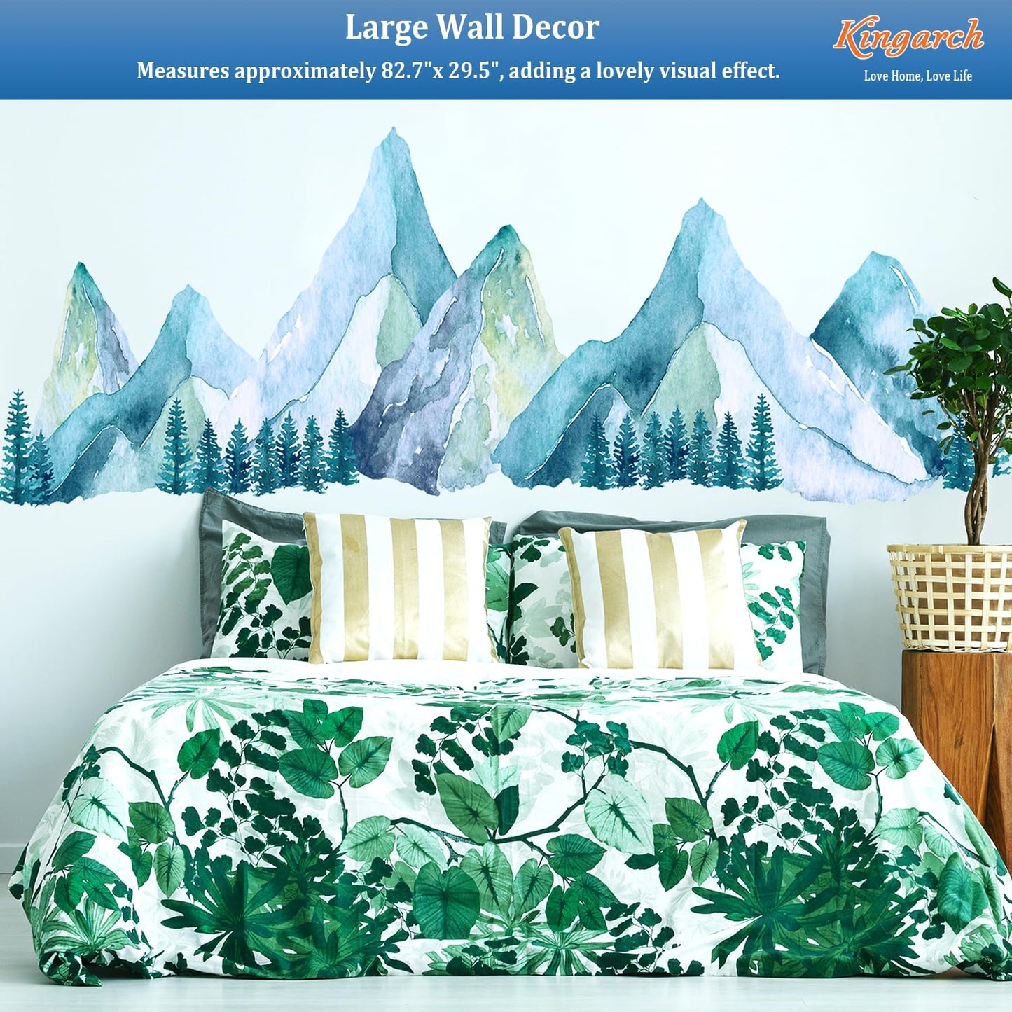 Large Mountain Wall Decals, Blue Pine Tree Peel and Stick Vinyl Wall Stickers & Murals, Removable Home Room Wall Decor for Bedroom Living Room Bedroom Classroom Office Nursery