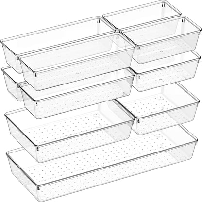 Criusia Drawer Organizer, 10 Pack Large Clear Plast Set, 3 Size Versatile Bathroom and Vanity Organizer Trays, Storage Bins for Makeup, Bedroom, Kitchen Utensils