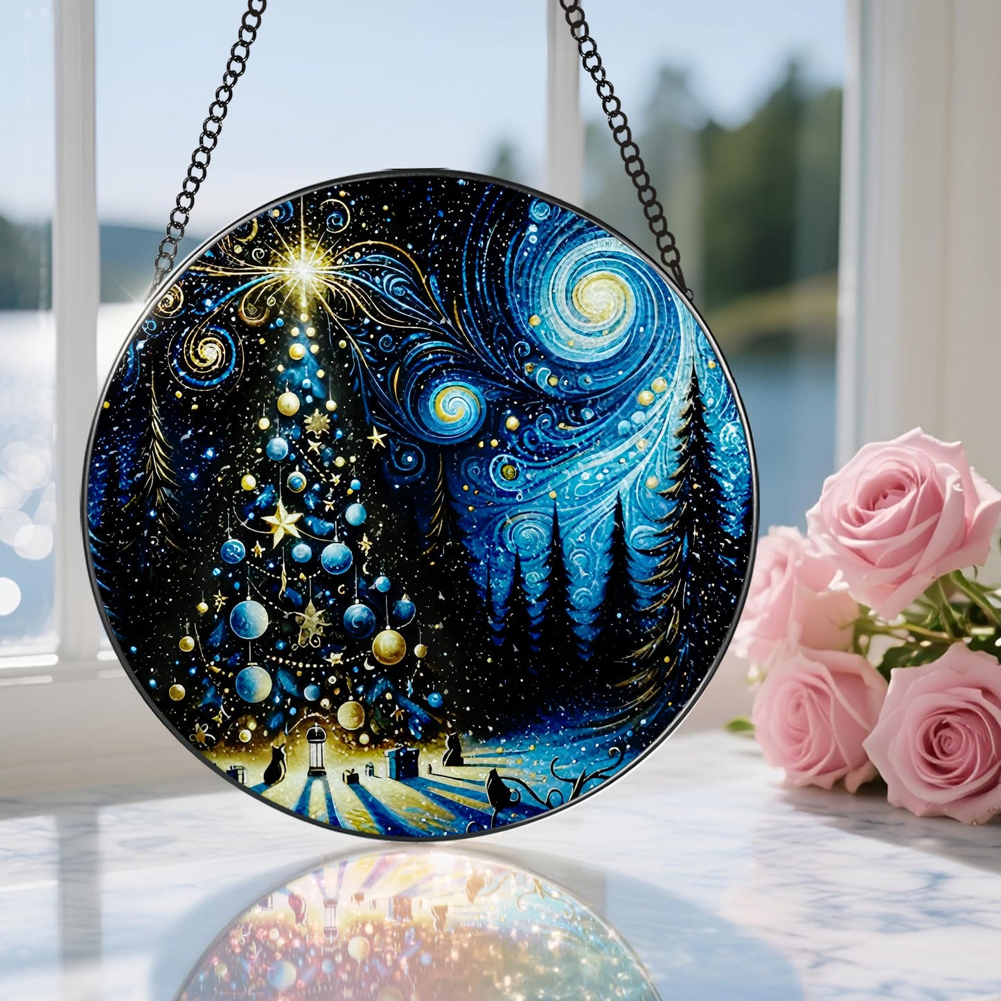 DOUHASU 8″ Starry Night Christmas Tree Stained Glass Suncatcher Ornament, Stained Glass Window Hanging — Holiday Window Ornament | Gift for Christmas, Holiday Present Idea, Gift Exchange, Gifts Idea
