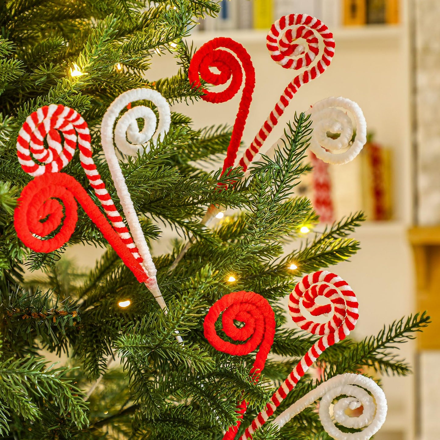 Gerrii 16" Red White Christmas Tree Pick Decor Candy Cane Xmas Ornament Peppermint Curly Pick Spray Lollipop Stem Large Tree Topper Branch Elf Stick for Home Wreath Vase Filler Craft Holiday Party