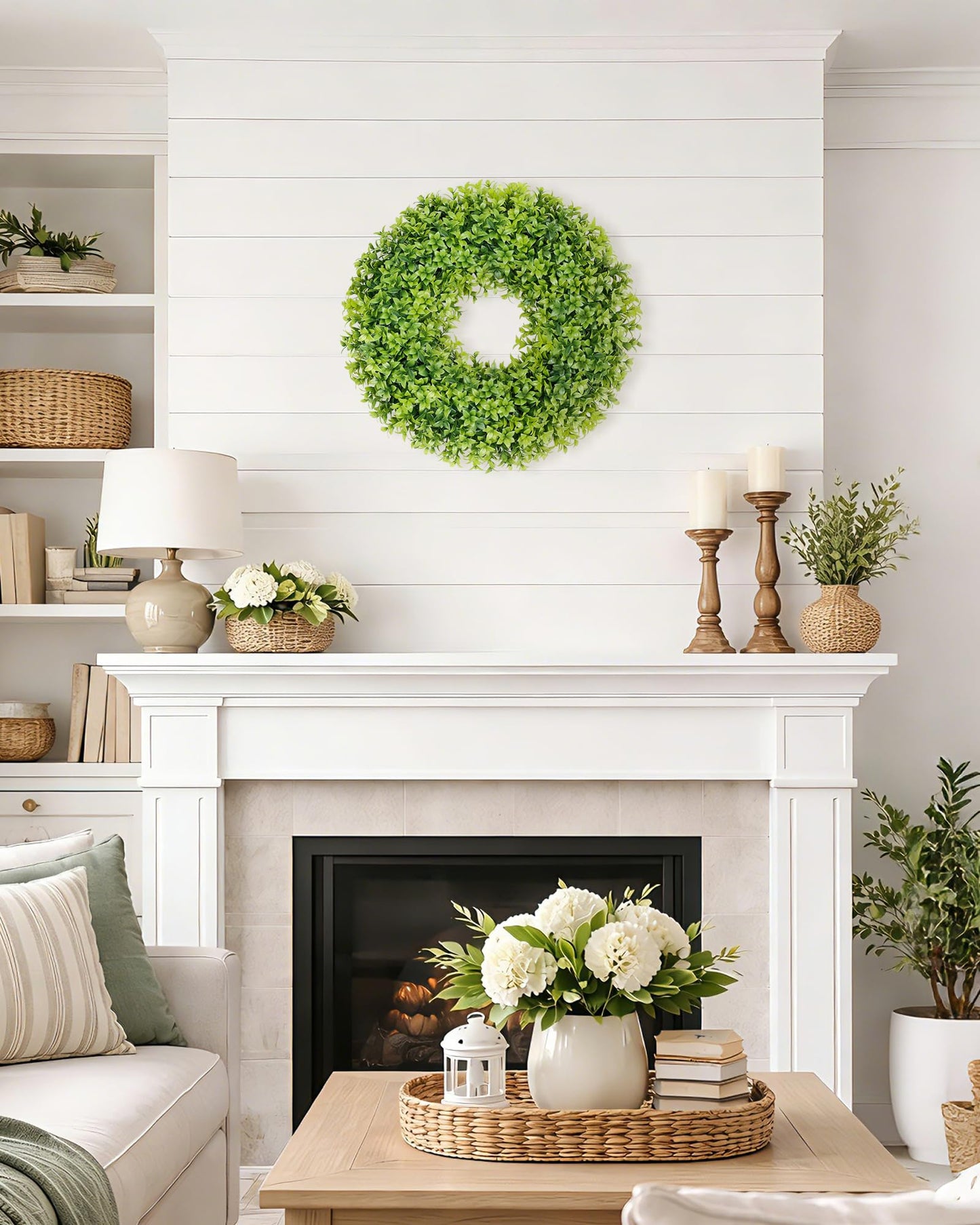 DDHS 20" Boxwood Wreaths Front Door, Artificial Spring Summer Wreath with Sash and Foldable, Year Round Indoor Outdoor for Farmhouse Fireplaces and Porches DIY St Patricks Day Decor-Gradient Green