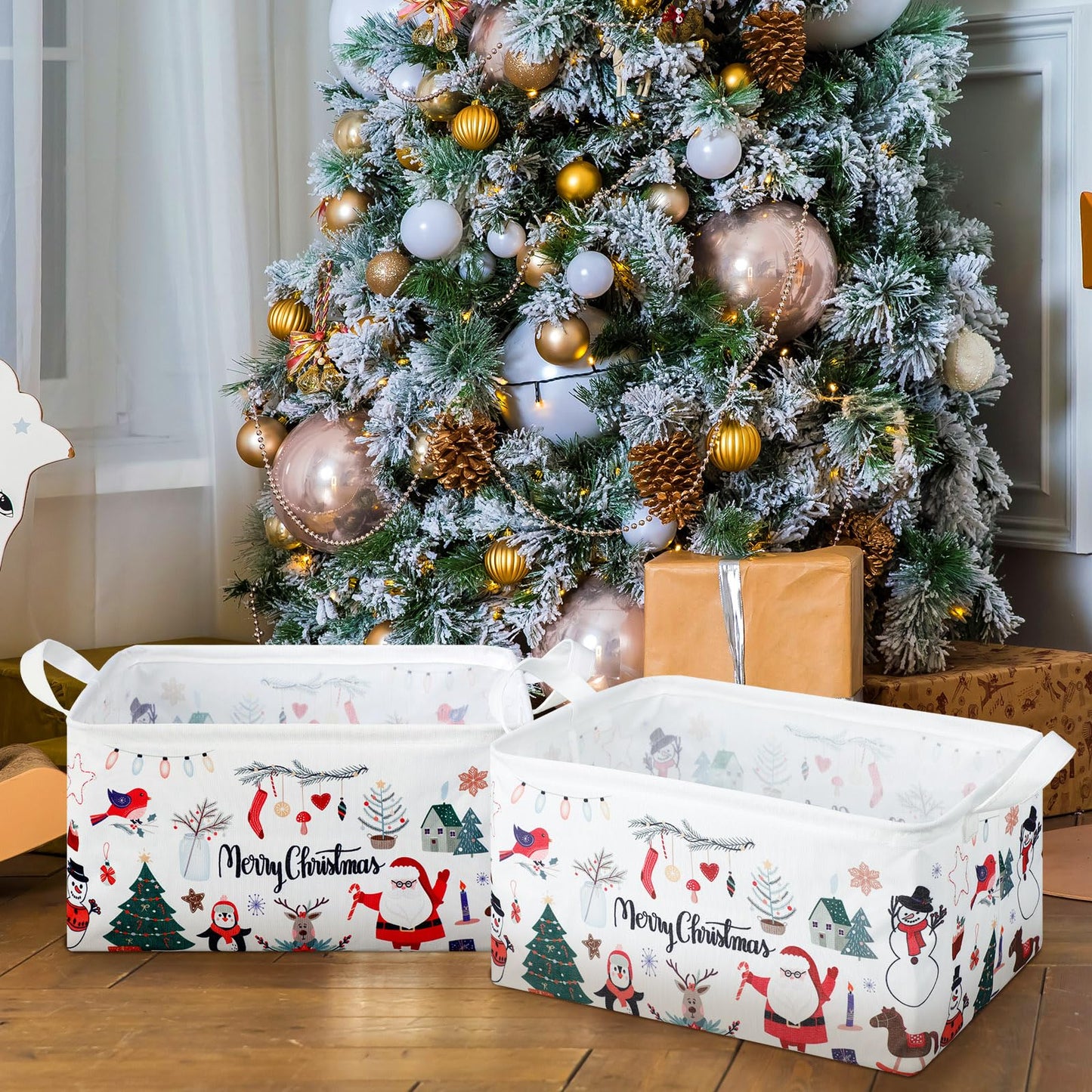 Maxcheck 6 Pcs Large Christmas Basket for Gifts Empty Foldable Xmas Gift Basket Rectangle Christmas Santa Present Storage Bin Fabric Cubes Containers Boxes with Handles for Present Cloth Toy