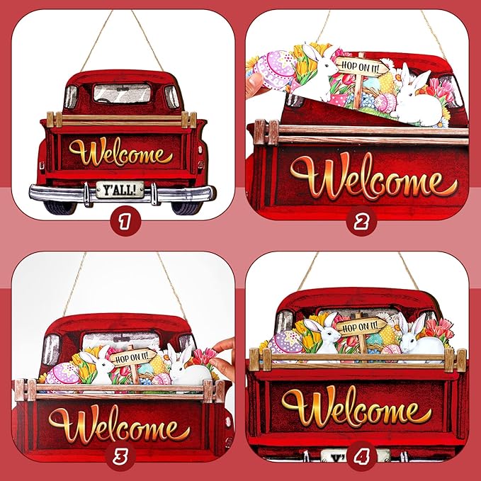 Ferraycle Interchangeable Christmas Welcome Sign for Front Door Farmhouse Truck Decor Rustic Hanging Sign with 12 Interchangeable Seasonal Holiday Decor for Christmas Fall Thanksgiving(Fresh Color)