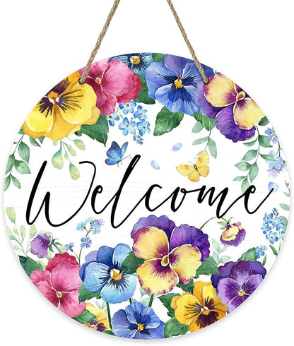 Welcome Spring Summer Floral Flowers Front Door Sign, Pansy Forget Me Not Wood Door Hanger Outdoor Outside Porch Decor, Butterfly Seasonal Wooden Wreath Indoor Wall Hanging Decoration