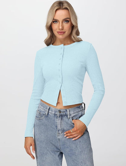 Womens Long Sleeve Tops Fall Lightweight Cardigan Cropped Going Out Shirts Ribbed Button Down Cute Trendy 2025