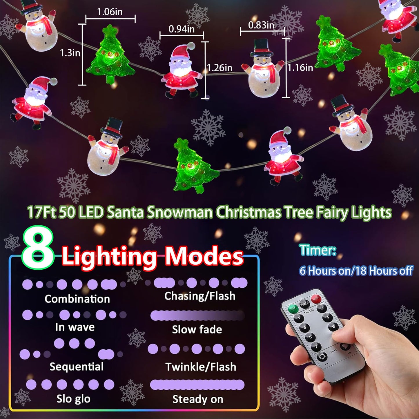 50 LED Snowman Santa Claus Christmas Tree String Lights- 17FT Christmas Fairy Lights with 8 Modes & Timer, Battery Operated Xmas Light for Indoor Outdoor Party Holiday Tree Bedroom Home Decor