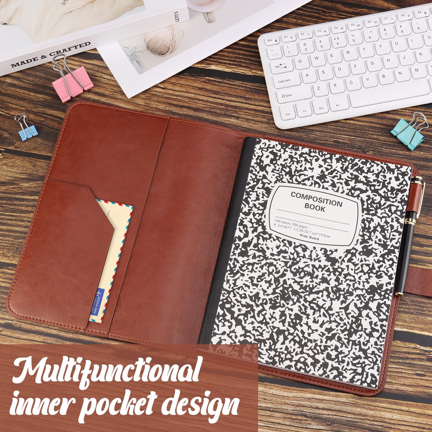 PU Leather Composition Notebook Cover 9 3/4 X 7 1/2 in with Composition Book 100 Sheets Vintage Rustic Distressed Leather Journal Notebook Cover Portfolio for School Office Home (Brown)
