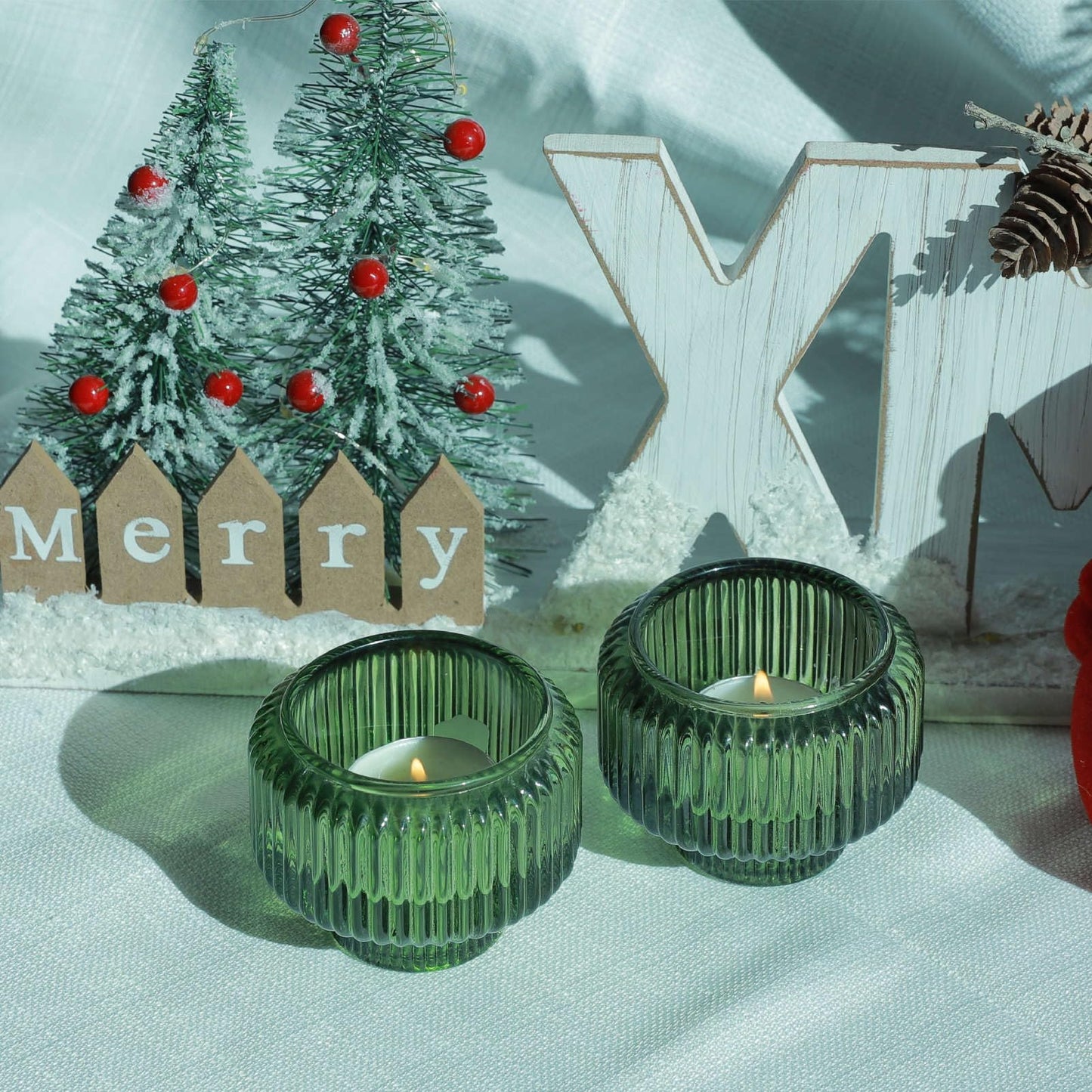Woho Candlestick Holders Set of 4 for Taper Candles/Tea Lights, Green Ribbed Candle Sticks Holder Decor for Table Centerpiece, Reversible Taper Candle Holders Glass for Christmas Home Decoration