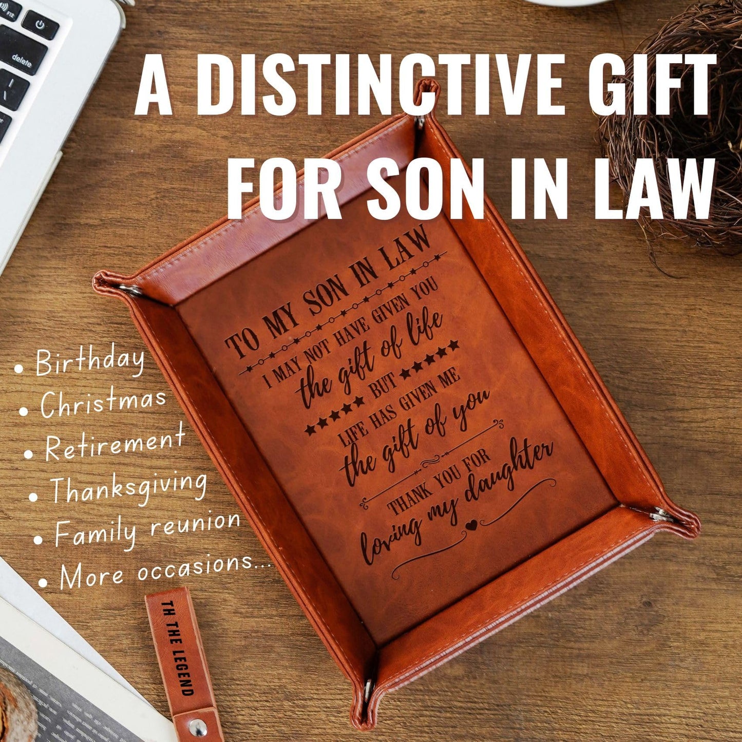 INNObeta Son in Law Gifts Valet Tray from Dad, Mom, Desktop Storage Organizer PU Leather Bedside Tray Key Coin Holder for Birthday, Christmas