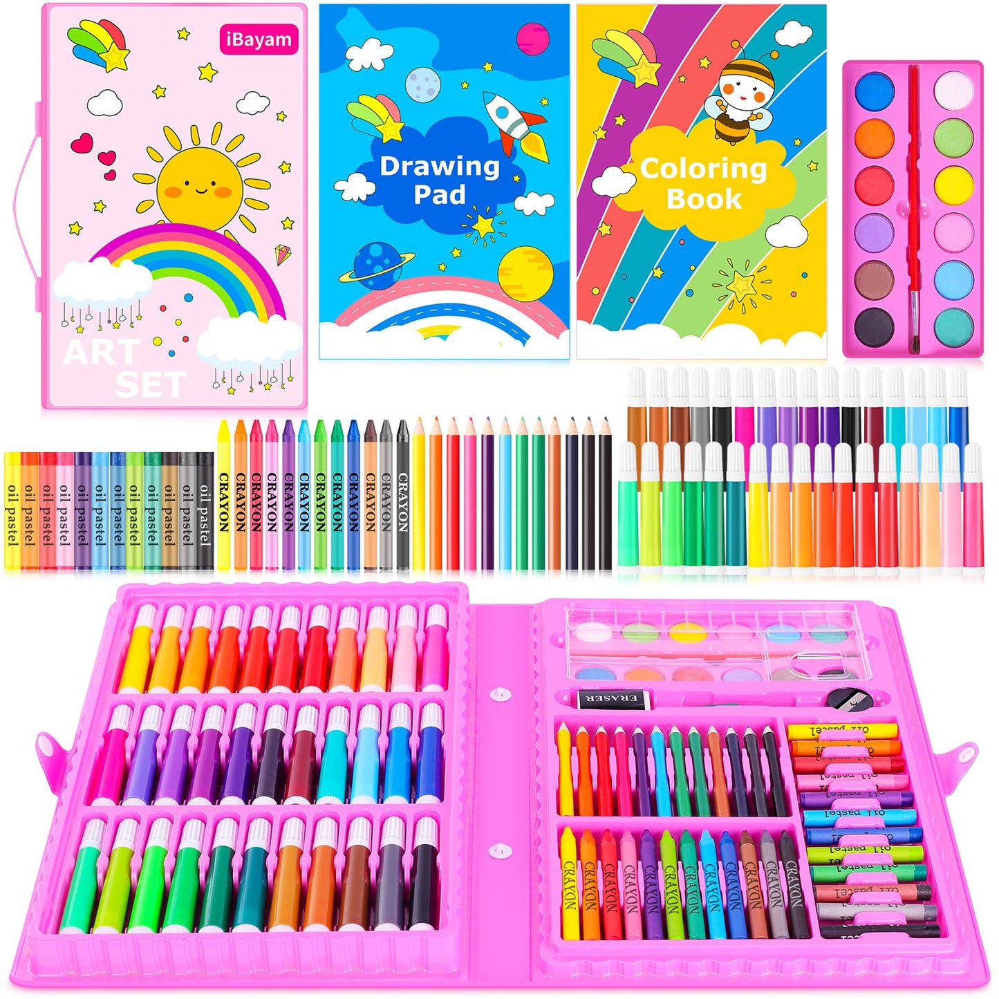 iBayam Art Supplies, 149-Pack Drawing Kit Painting Art Set Art Kits Gifts Box, Arts and Crafts for Kids Girls Boys, with Coloring Book, Crayons, Pastels, Pencils, Watercolor Pens & Cakes (Pink)