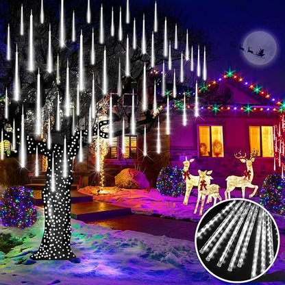 KNONEW 2Pack Total 48 Tube Meteor Shower Lights,15 in 672 LEDs Christmas Lights Outdoor Waterproof Plug in Falling Rain Light for Xmas Tree Wedding Party Garden Holiday Decorations (Cool White)