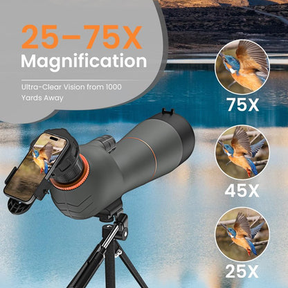 Three Triping Spotting Scope 25-75×85 - Dual Focusing Spotter Scope, with Tripod & Phone Adapter, Ideal for Bird Watching & Wildlife Observing