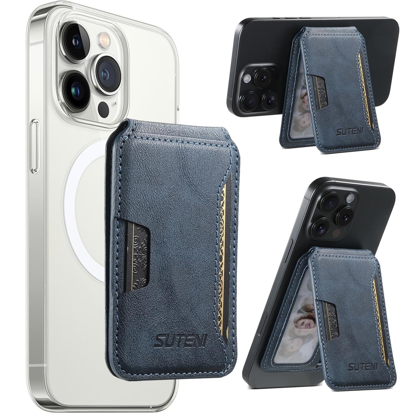 HXY Magnetic Card Holder Wallet for iPhone, Compatible with MagSafe, PU Leather Minimalist Slim Card Holders Fit 3 Cards with Adjustable Stand for iPhone 16/15/14/13/12 Series, Not for Mini (Blue)