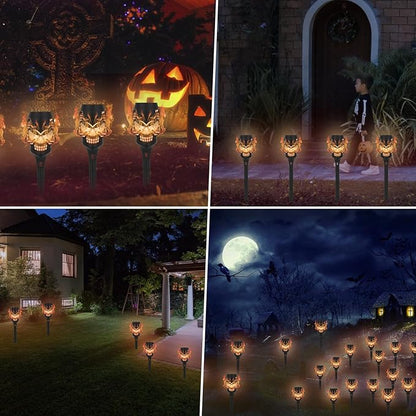 Solar Halloween Decorations Outdoor, 8 Pack Spooky Skulls Solar Torch Flame Lights, Waterproof Pathway Halloween Lights for Garden, Yard, Lawn, Porch, Landscape Decor, Orange