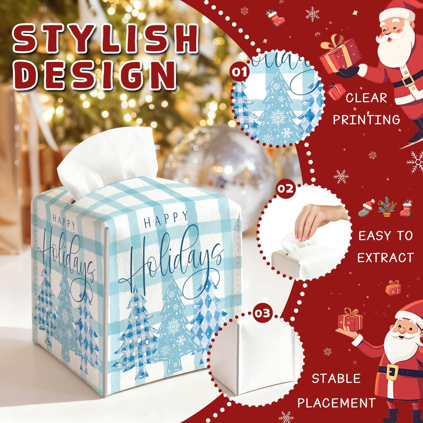Christmas Box Cover Square, Blue Checkered Christmas Tree Decorative Tissue Box Holder, Waterproof Leather Tissues Boxes Dispenser for Bathroom, Bedroom Nightstand, Office, Car Home Decor