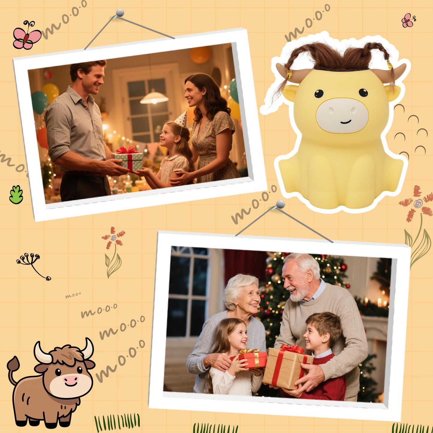 Okayera Highland Cow Night Light, Fluffy Cow Squishy Lamp for Kids, Soft Silicone Animal Nightlamp with 2 Levels Dimmable & 20 Mins Timer, Rechargeable LED Light Gifts for Baby Boys Girls