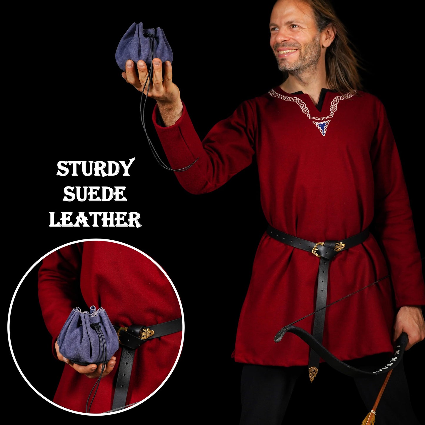 Mythrojan medieval leather pouch suede drawstring belt bag for larp, viking, renaissance cosplay, coin & jewelry waist purse blue, 4.9"x3.5"