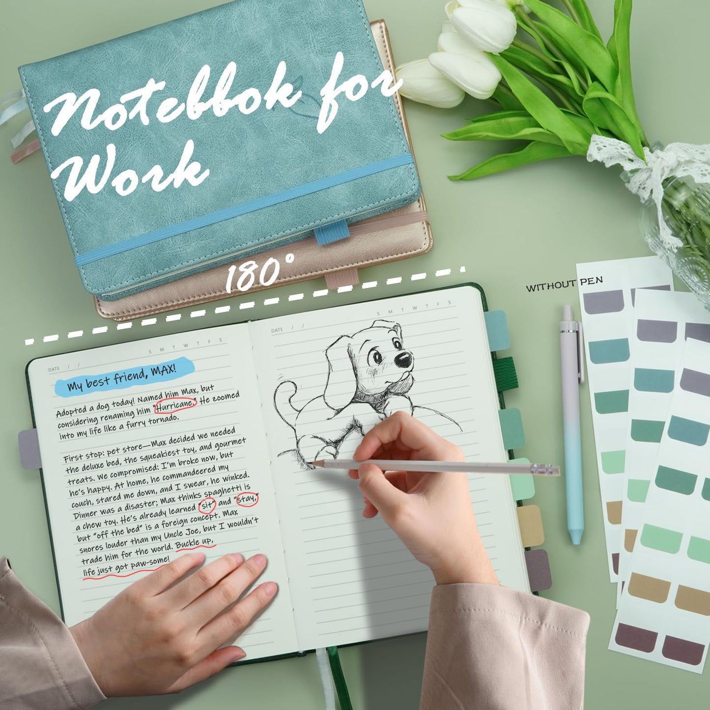 Hoci Poci Lined Journal Notebook, 400 Pages Thick Journal for Writing, A5 Hardcover Leather Notebook with 100Gsm College Ruled Paper for Women Men Work Note taking, 5.8" x 8.4", Green