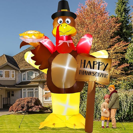 12FT Thanksgiving Inflatables, Super Huge Inflatable Turkey Holding Pumpkin Pie and Happy Thanksgiving Sign, Lighted Blow Up Turkey for Yard Decor Outdoor Lawn Garden Autumn Holiday Harvest