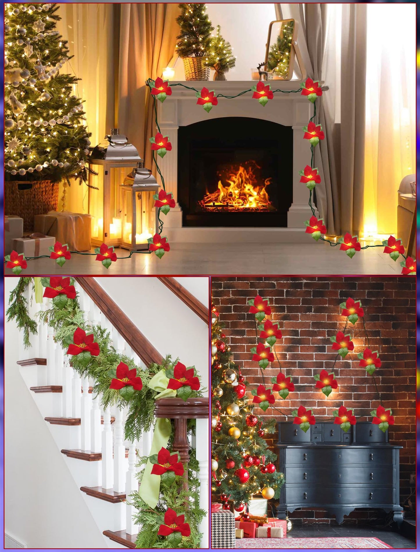 SUNSGNE 8.5FT LED Flower String Lights, Red and Green Christmas Flowers Lights with 10 LED Flowers Bulbs for Christmas Tree, Fireplace, Staircase, Walls