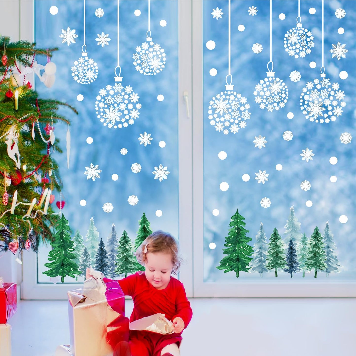 Christmas Tree Wall Decals Winter Snow Pine Tree Wall Stickers Christmas Snowflakes Window Cling Decals Xmas Pine Tree Wall Stickers Removable Christmas Window Stickers Holiday Decoration
