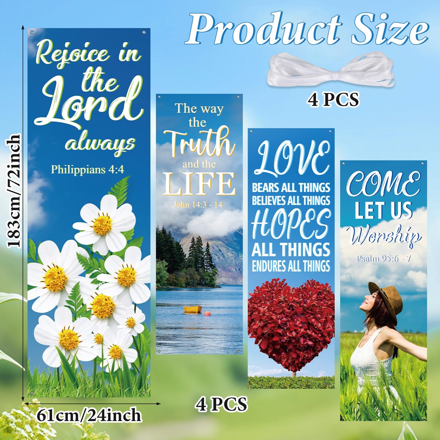 4Pcs Church Banners for Sanctuary Wall Welcome Inspirational Religious Banners Hanging Backdrop Fresh Scenic Pattern Church Banner with Scripture Bible Verses Exquisite Banner for Holiday School Decor