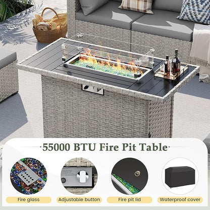 UDPATIO Patio Furniture Set with Fire Pit Table, 8 Pieces Outdoor Sectional Sofa, PE Wicker Patio Conversation Set for Garden, Backyard Grey