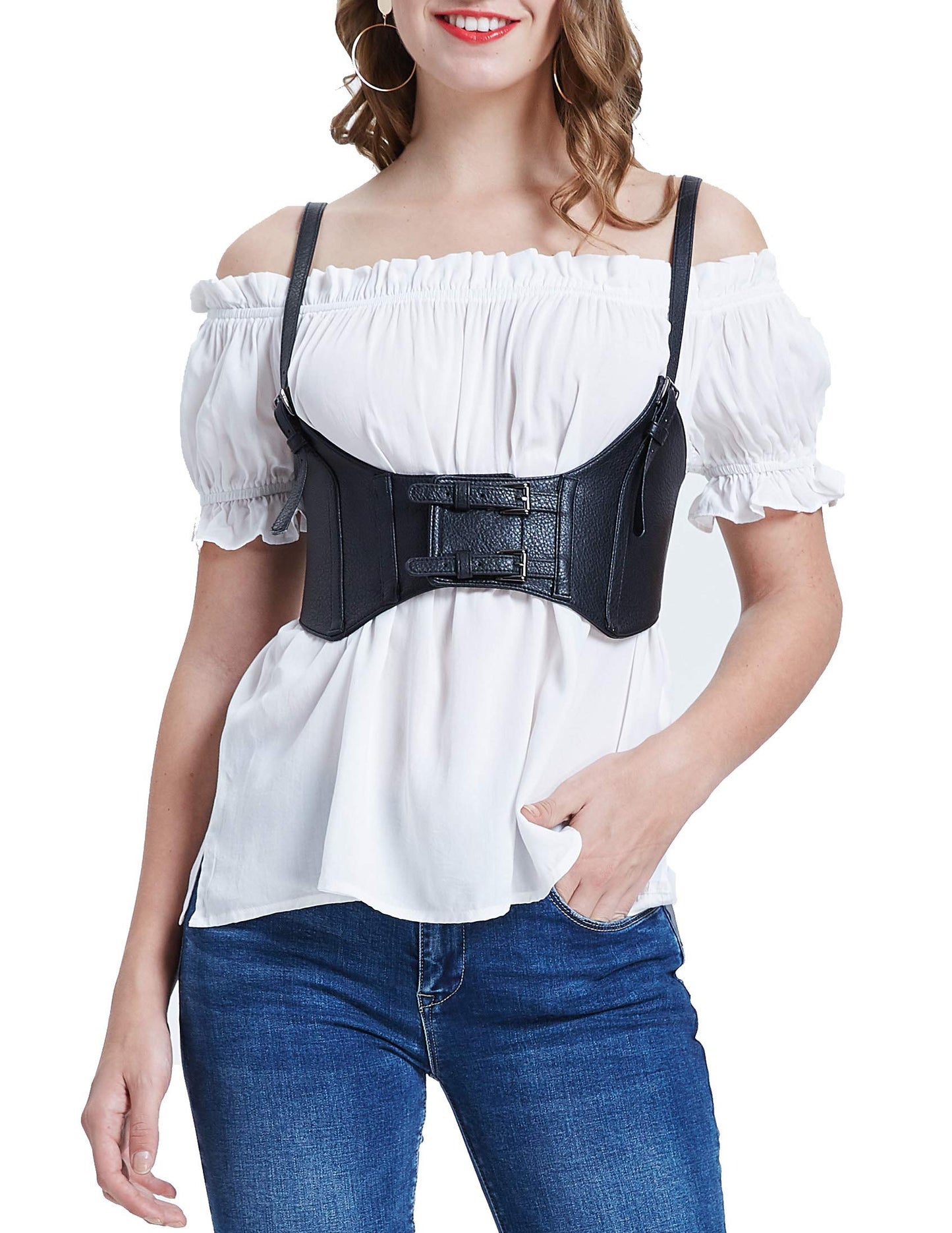 KANCY KOLE Womens Faux Leather Steampunk Sexy Underbust Waist Belt Corset(M,Black)