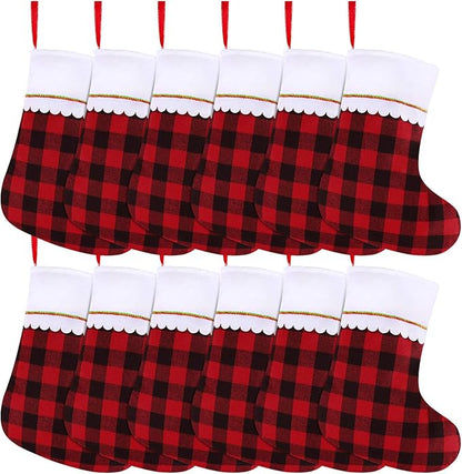 URATOT 12 Pack 15 Inches Christmas Stockings Red and Black Plaid Pattern Felt Christmas Holiday Stockings Christmas Tree Hanging Ornaments Xmas Fireplace Decoration Set
