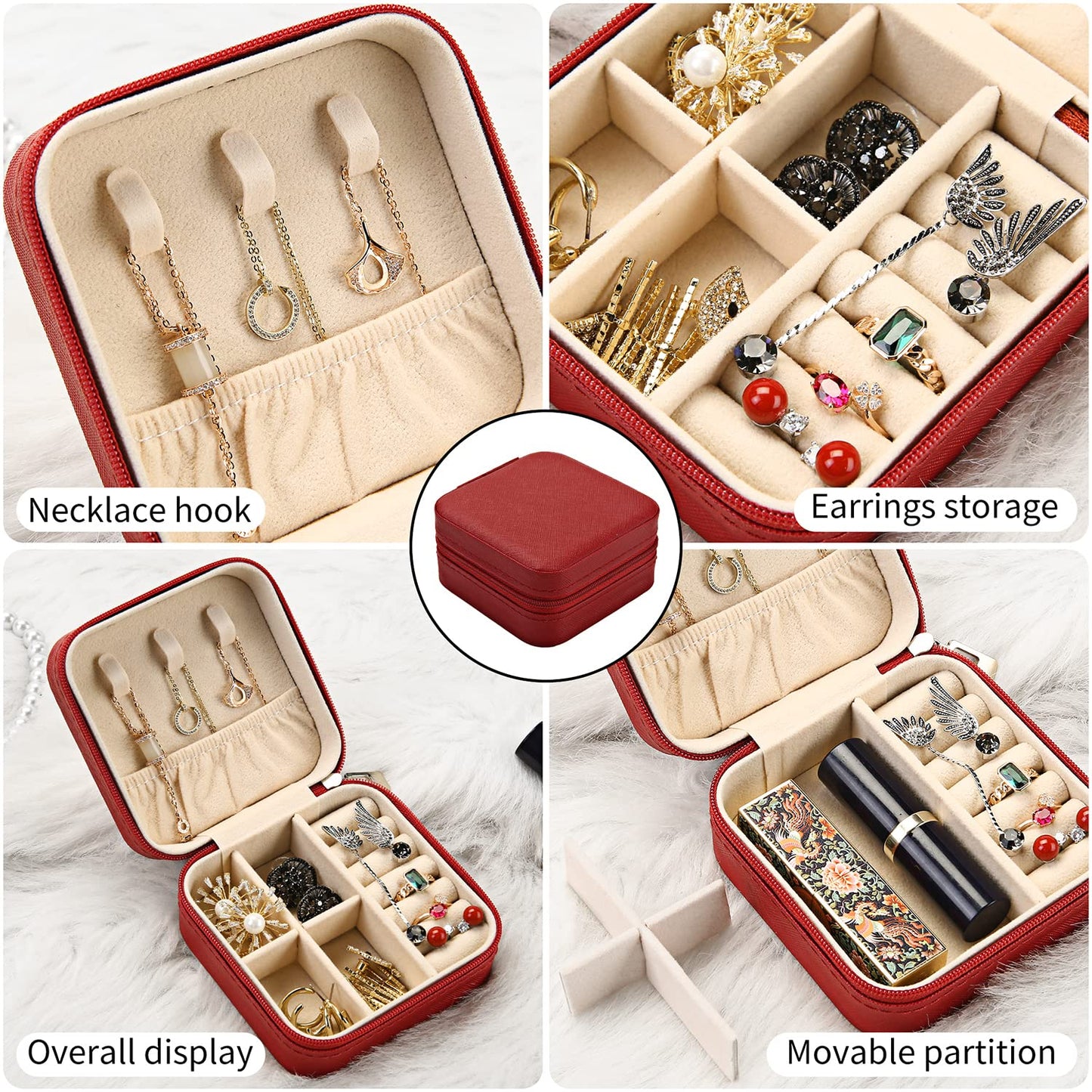 TRODANCE Mini Jewelry Case, Small Travel Jewelry Organizer, Portable Jewelry Box Mini Storage Organizer Display Box For Rings Earrings Necklaces (Red-4pcs)