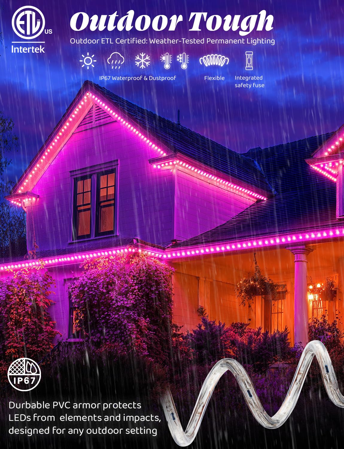 WYZworks 576LEDs, 50ft LED Outside Rope Lights, Waterproof Permanent Outdoor ETL Certified Connectable Clear Tube, Christmas Palm Tree Holiday Decorative Landscape Patio Accent Lighting - Pink
