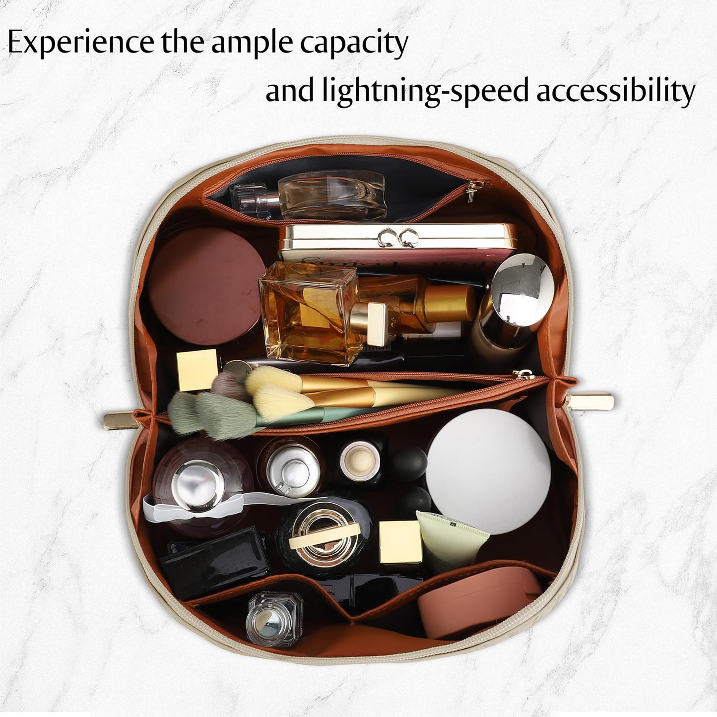 Large Capacity Travel Cosmetic Bag - PU Leather Makeup Organizer Bag Portable Woven Makeup Bags for Women Waterproof Travel Toiletry Bag with Divider Pouch, Khaki