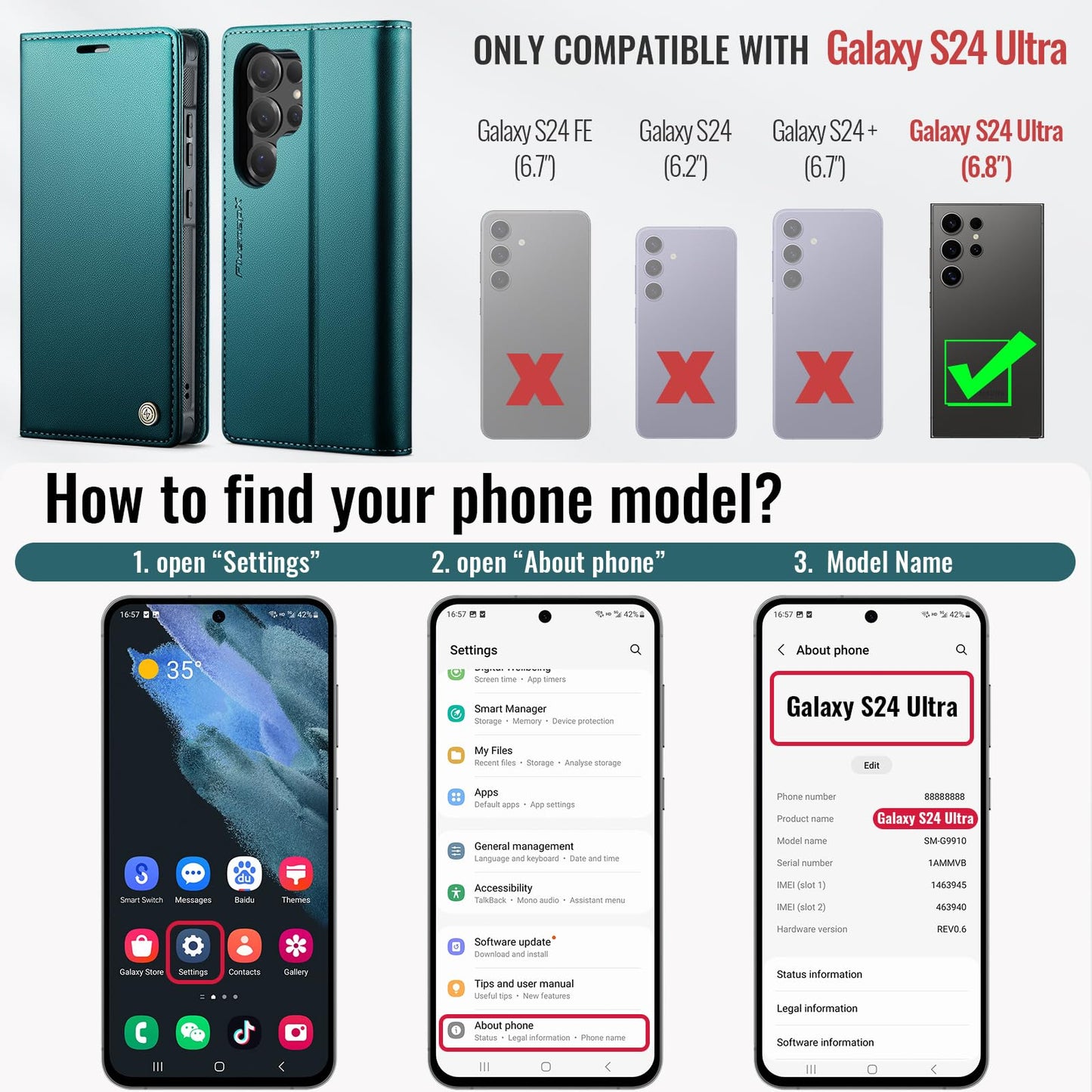PlusnapX Wallet Case for Samsung Galaxy S24 Ultra Compatible with Magsafe, 2-in-1 PU Leather Flip RFID Blocking Card Holder Stand Shockproof Magnetic Detachable Cover for Galaxy S24 Ultra, Bluegreen
