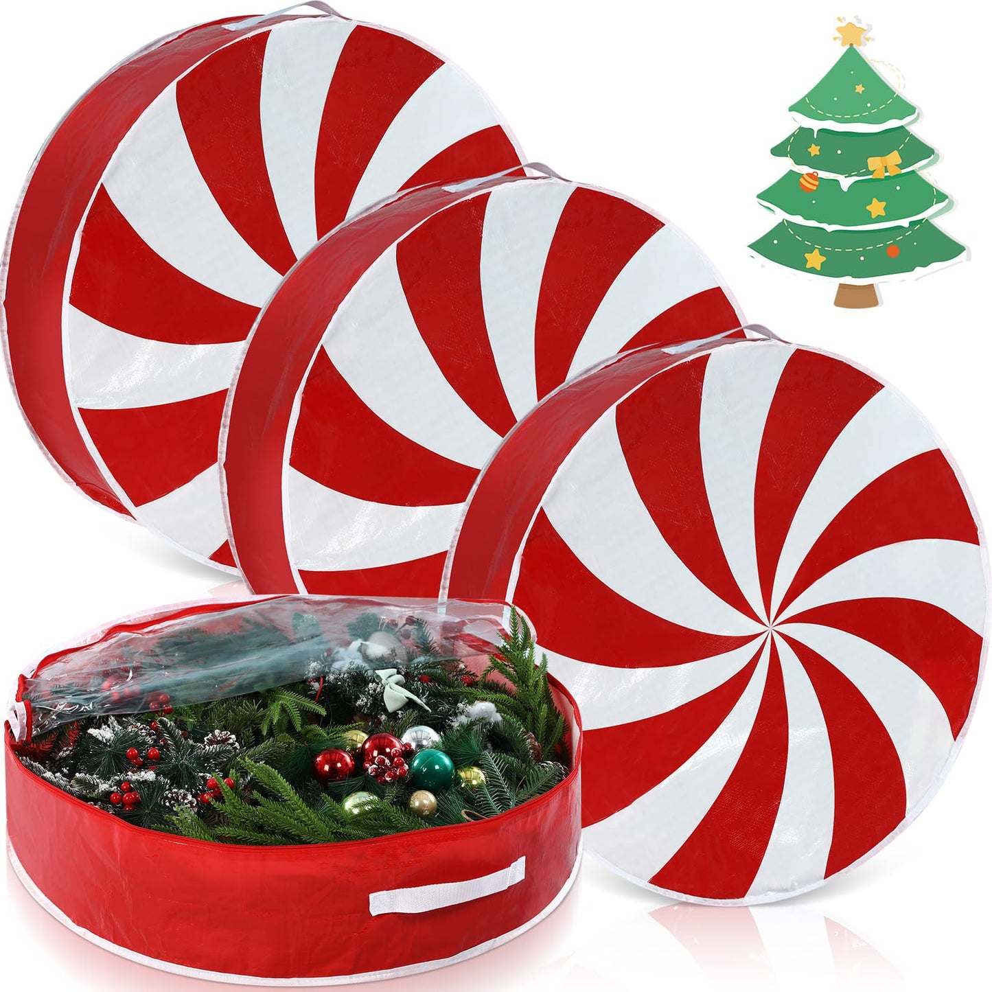 Yoojahow 4 Pcs 24 Inch Christmas Wreath Storage Bag Candy Cane Wreath Storage Container Clear Window Dual Zipper Handle Red White Peppermint Garland Organizer for Holiday Decoration, Cute Lollipop